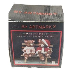 Vtg  Art mark Mr & Mrs Christmas Bear On A Wooden Bench Figurines Decor READ